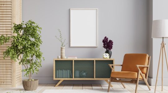 Interior poster mock up with horizontal empty wooden frame,Scandinavian style,3d rendering